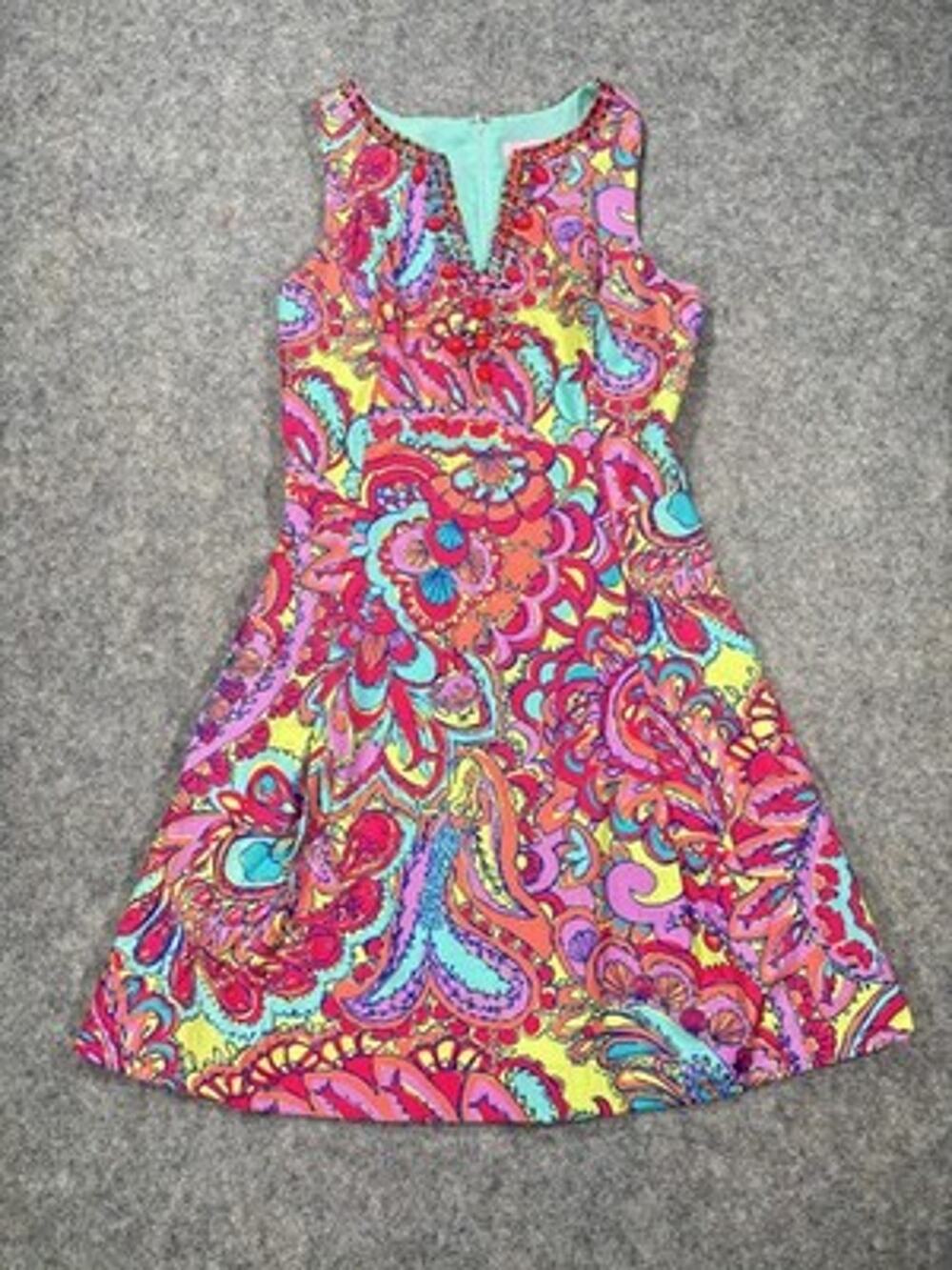 Lilly Pulitzer Dress Womens 4 Multicolor Paisley Beaded Sundress Preppy Luxury